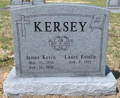 companion gray granite headstone with cross, holy bible, and wedding rings emblems